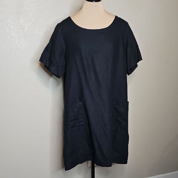 Eileen Fisher Organic Linen Short Sleeve Classic Black Shift Dress Medium - Picture 1 of 7